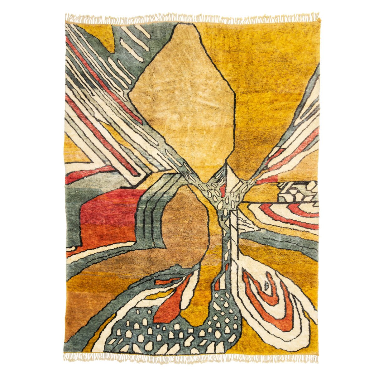 Moroccan rug displaying an abstract art design with bold, swirling patterns in yellow, red, green, and blue