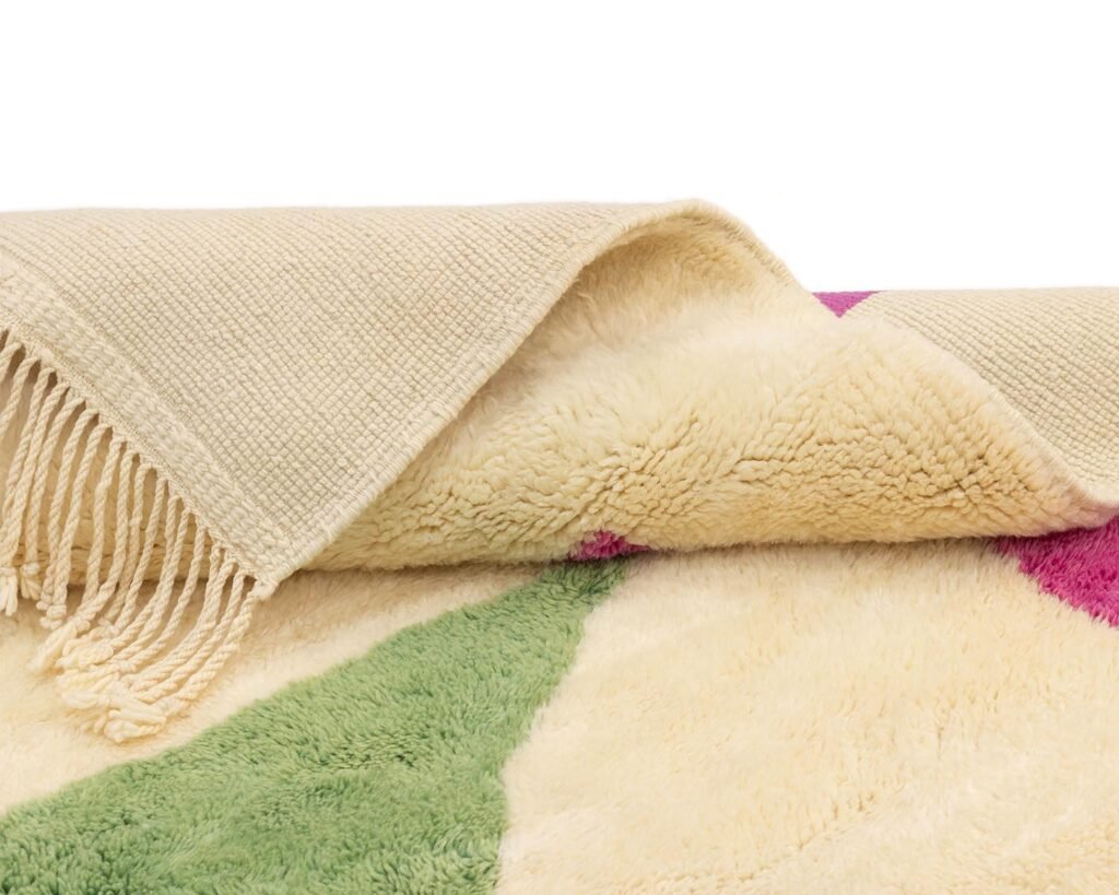 A partially folded, textured rug with a beige edge and fringe. The design features pink, green, and cream geometric shapes.