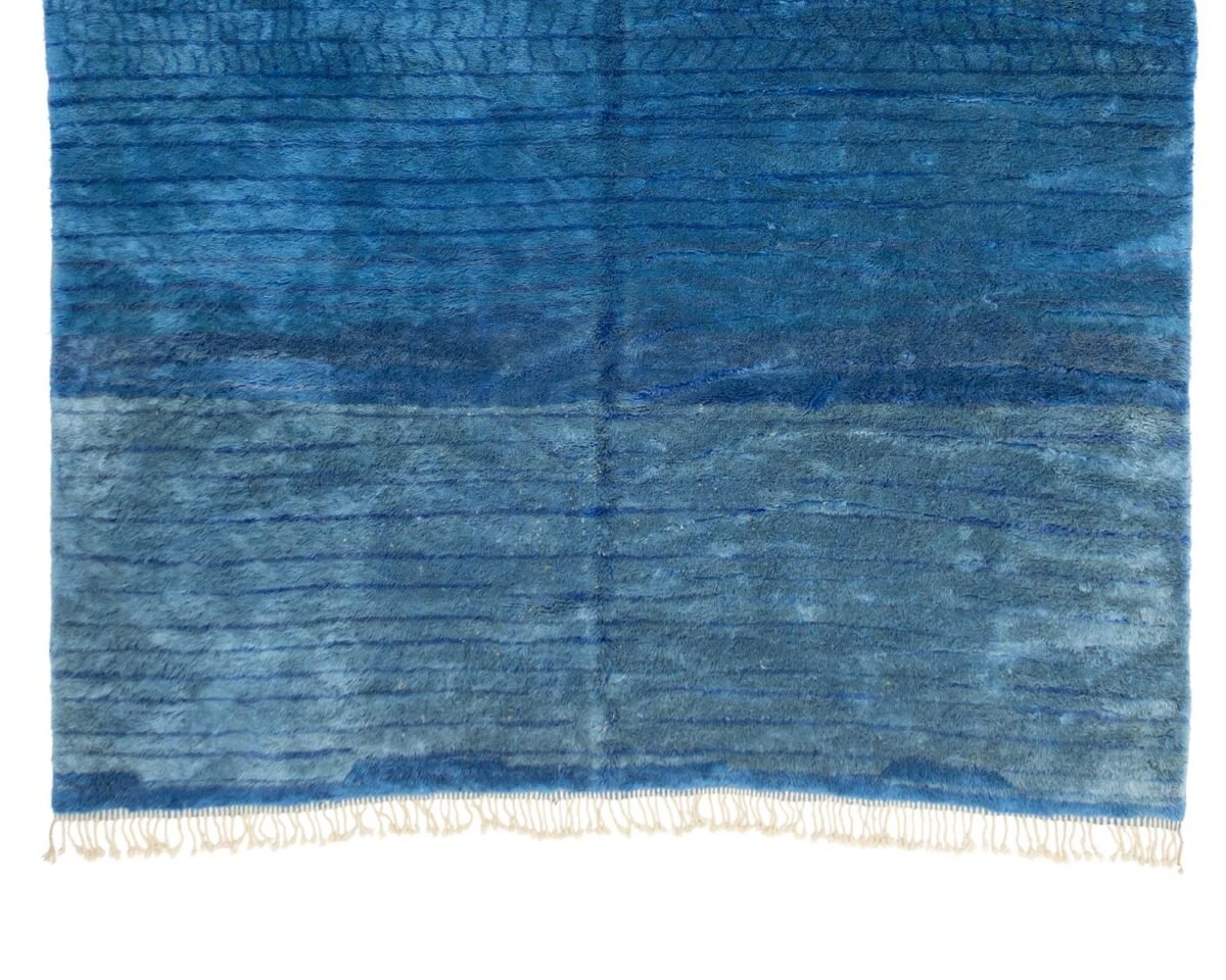 Avalo-Hand Knotted Moroccan Blue Rug, luxurious wool, elegant modern design franges detail