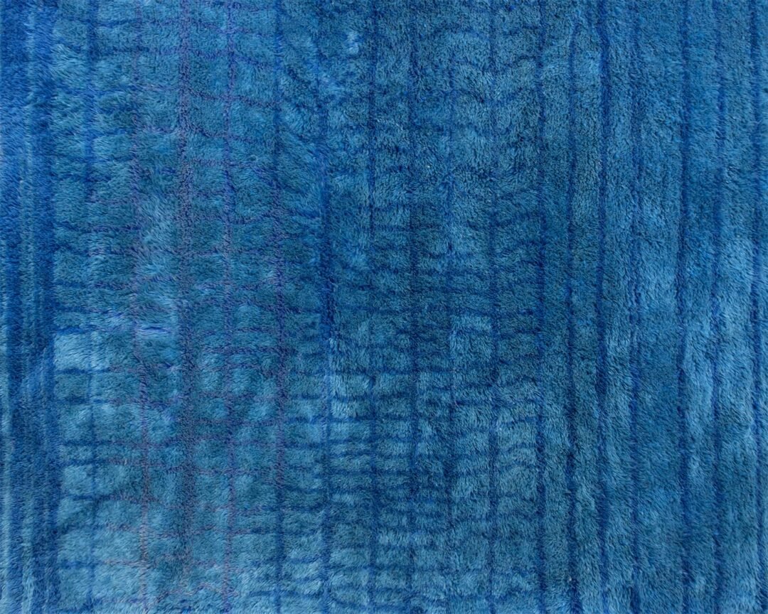 Avalo-Hand Knotted Moroccan Blue Rug, luxurious wool, elegant modern design detail top view