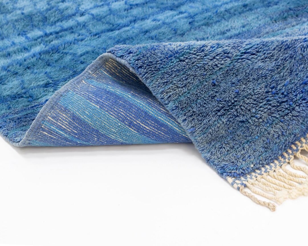 Avalo-Hand Knotted Moroccan Blue Rug, luxurious wool, elegant modern design franges detail