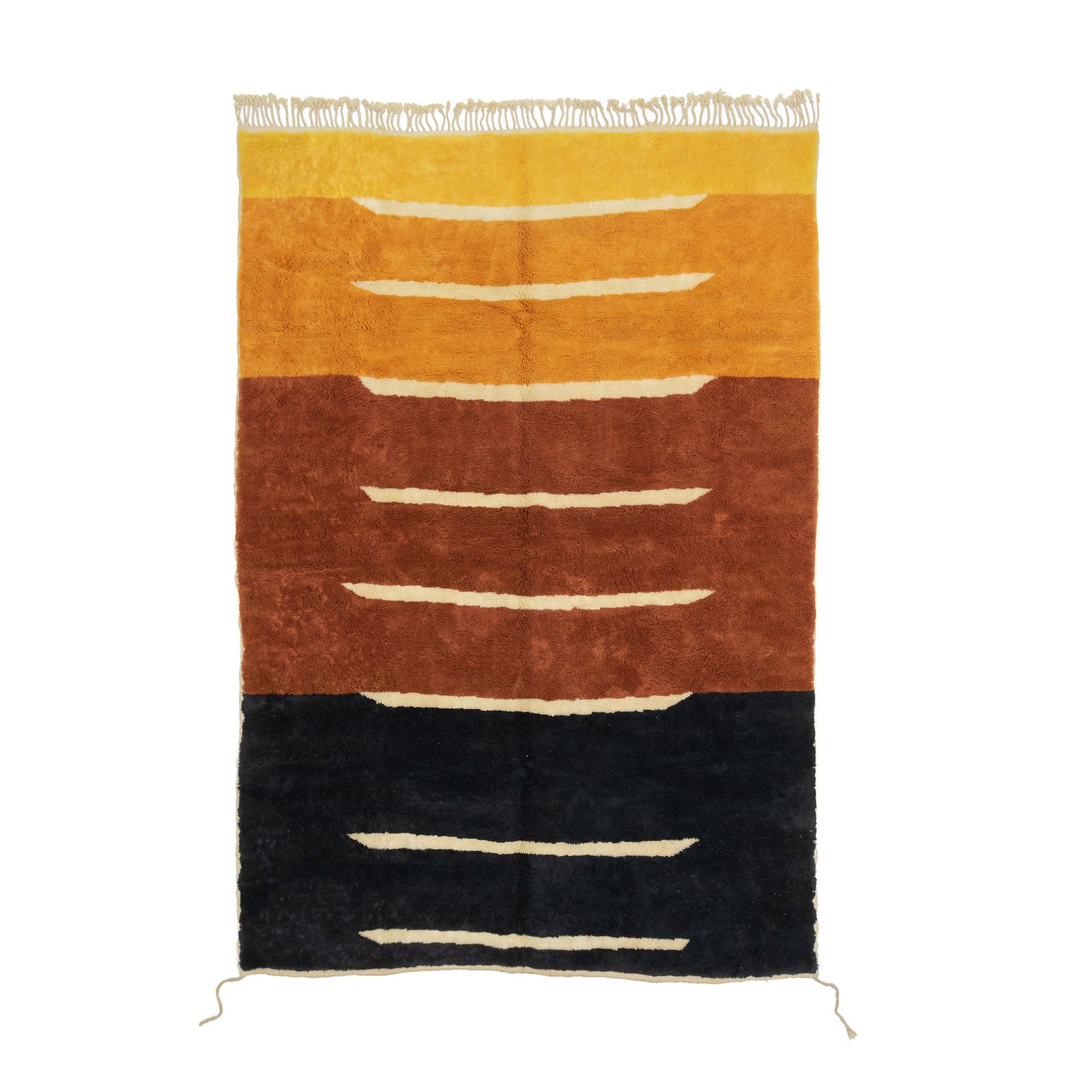 Moroccan rug with horizontal stripes in gradient shades of yellow to brown, interspersed with thin white lines.