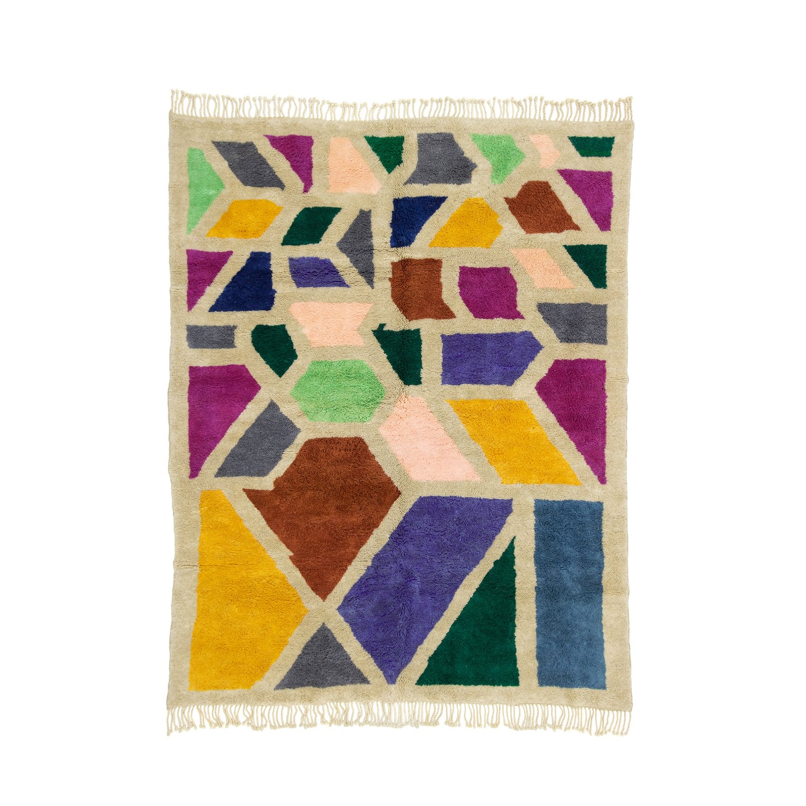 Moroccan rug with a vibrant, multicolored geometric pattern featuring assorted shapes in purple, green, yellow, and blue on a cream background.