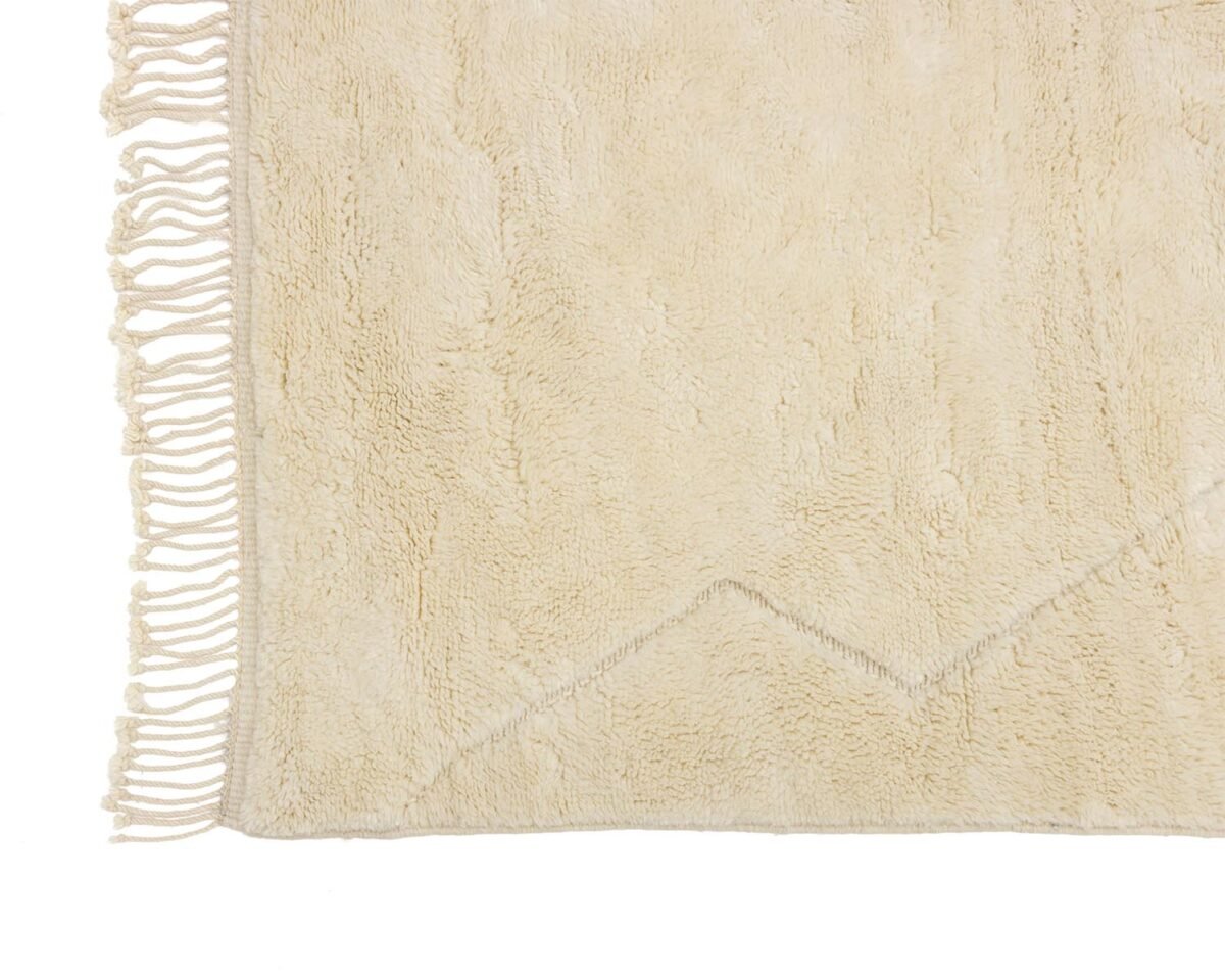 A close-up of a beige rug features fringe on the left and a subtle geometric pattern, adding texture to the design.