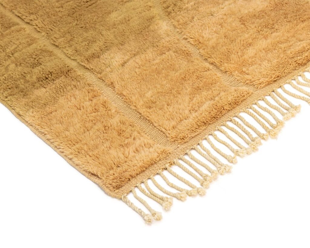 A corner of a light brown, textured rug with tassels along the edge is displayed.