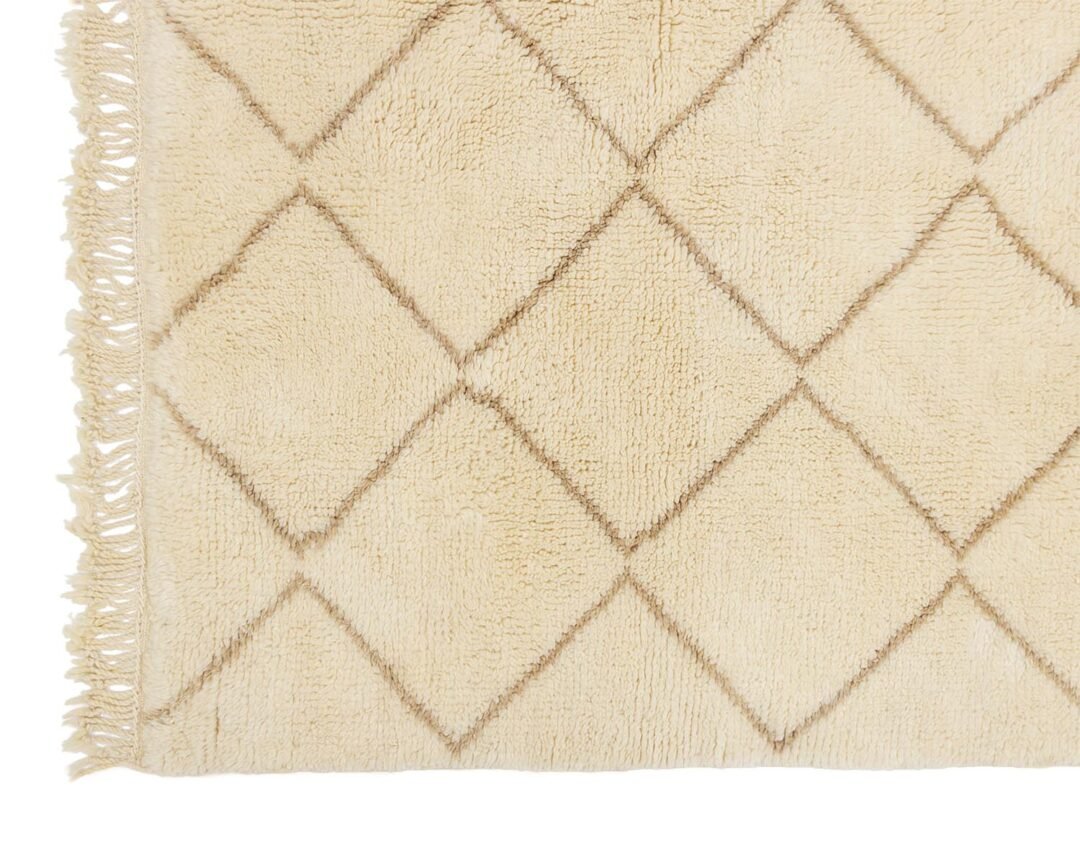 A close-up showcases a beige rug adorned with a diamond pattern and fringed edges, exuding timeless elegance.