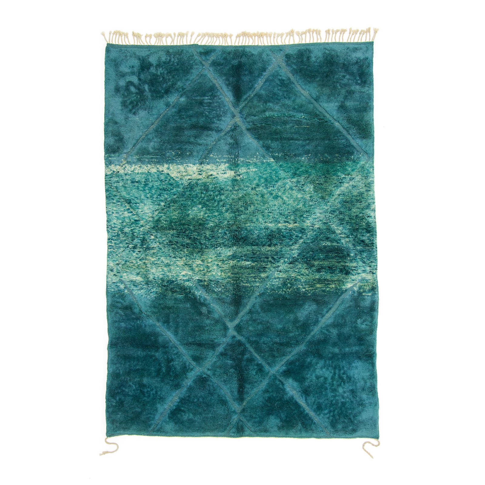 Moroccan rug displaying a deep teal color with a subtle diamond pattern and textured variations, creating a rich, luxurious feel.