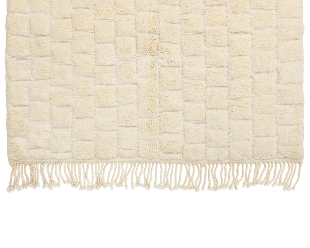 Discover the charm of an artisanal rug in this beige woven piece, featuring a checkered pattern and fringe on the edge. This hand-knotted creation brings a touch of authenticity to any space, reminiscent of authentic Moroccan rugs.