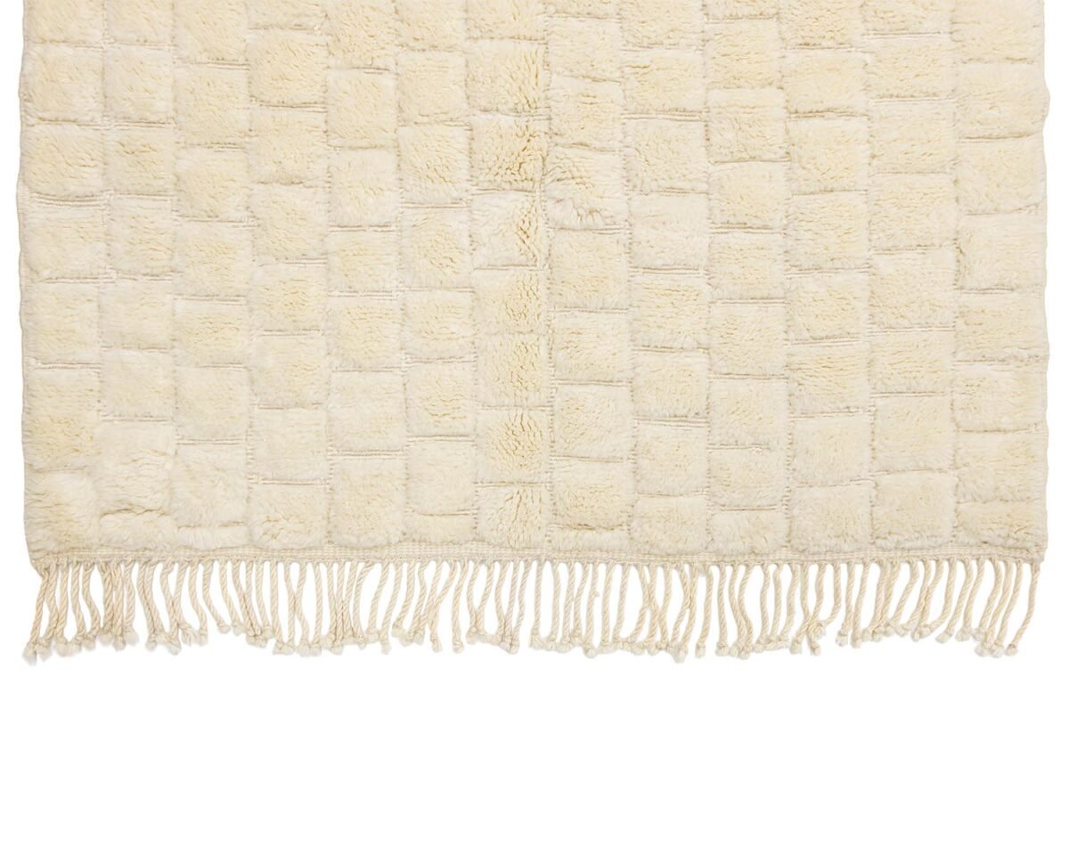 Discover the charm of an artisanal rug in this beige woven piece, featuring a checkered pattern and fringe on the edge. This hand-knotted creation brings a touch of authenticity to any space, reminiscent of authentic Moroccan rugs.