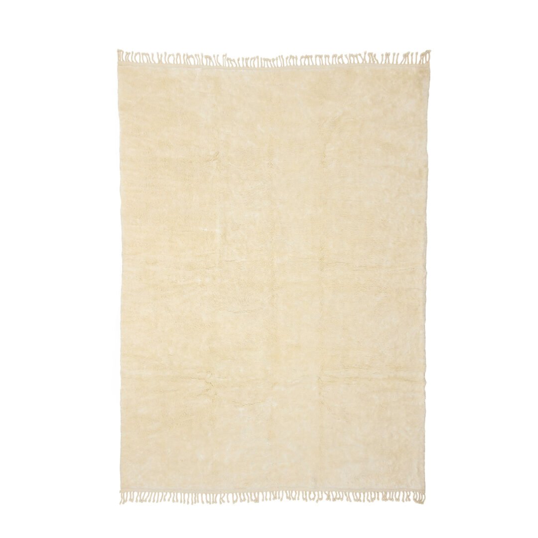 A cozy beige rug adorned with fringes on the shorter edges, elegantly laid flat against a crisp white background.