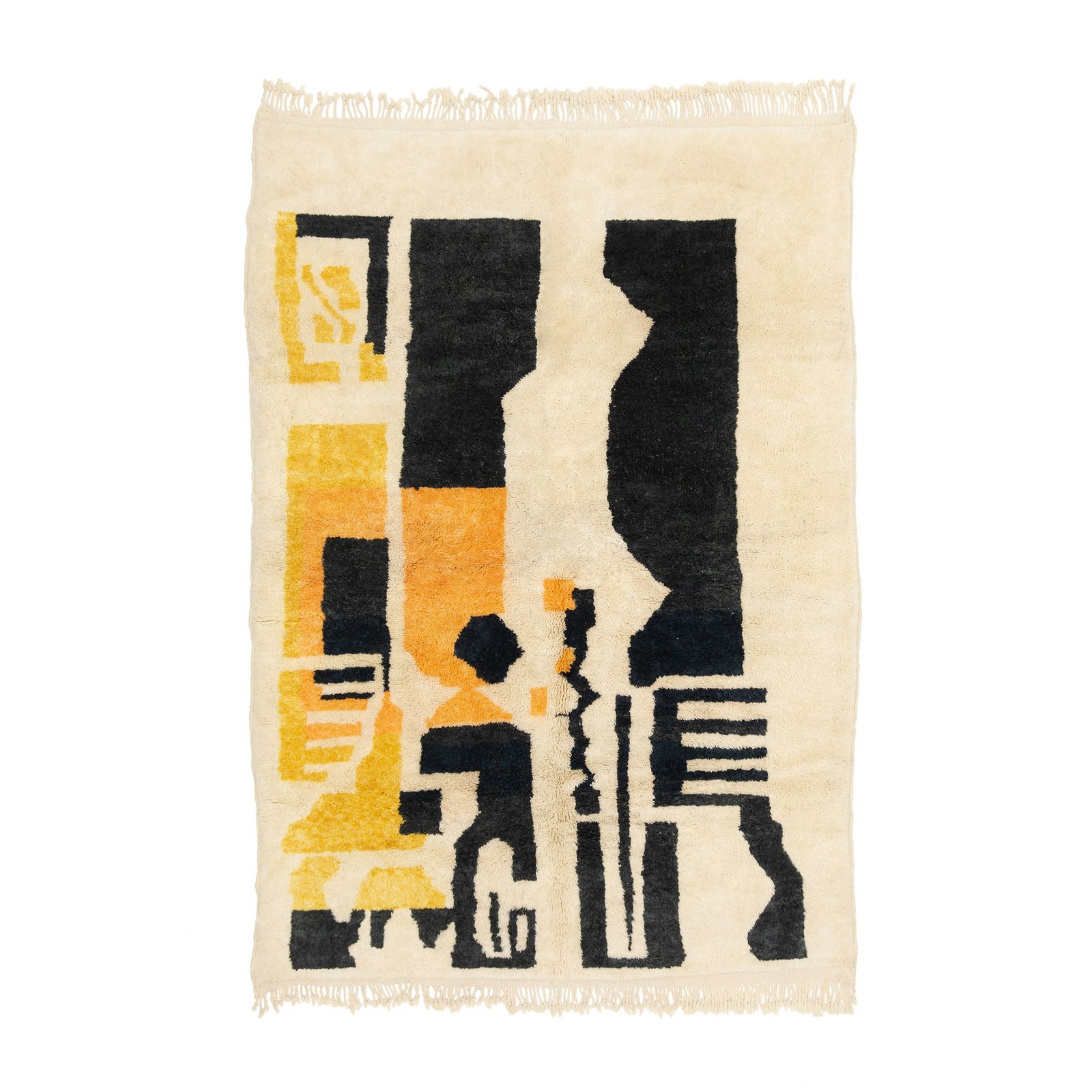 Modern design Moroccan rug featuring abstract art patterns in black, yellow, and cream, displaying bold, contrasting shapes and forms.