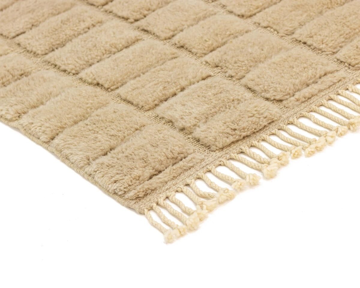 A chic, textured beige rug featuring a grid pattern and fringed edges on one side adds a touch of sophistication to any room.