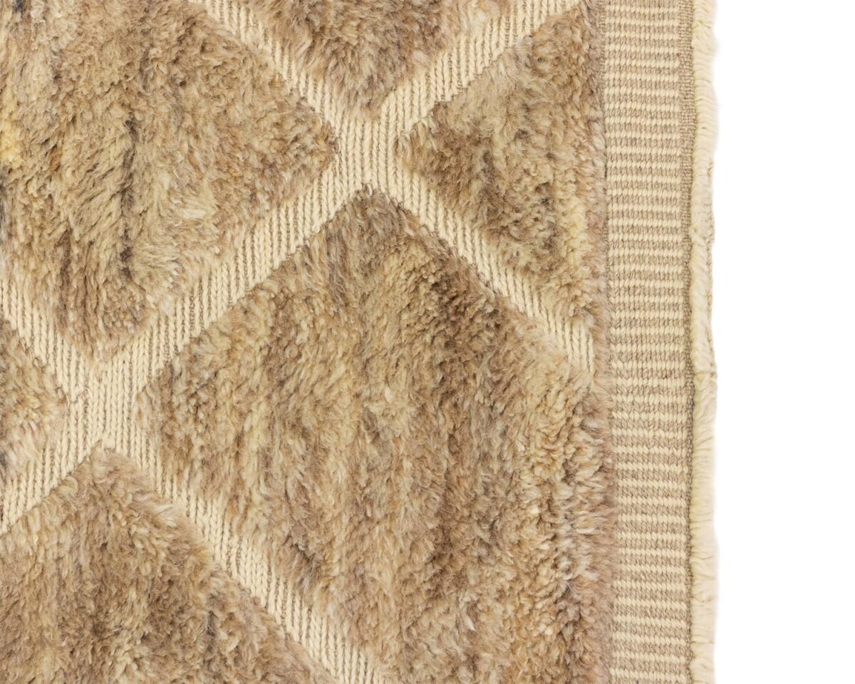 Close-up of a textured beige rug featuring a diamond pattern and an intricate woven border, ideal for adding warmth to any room.