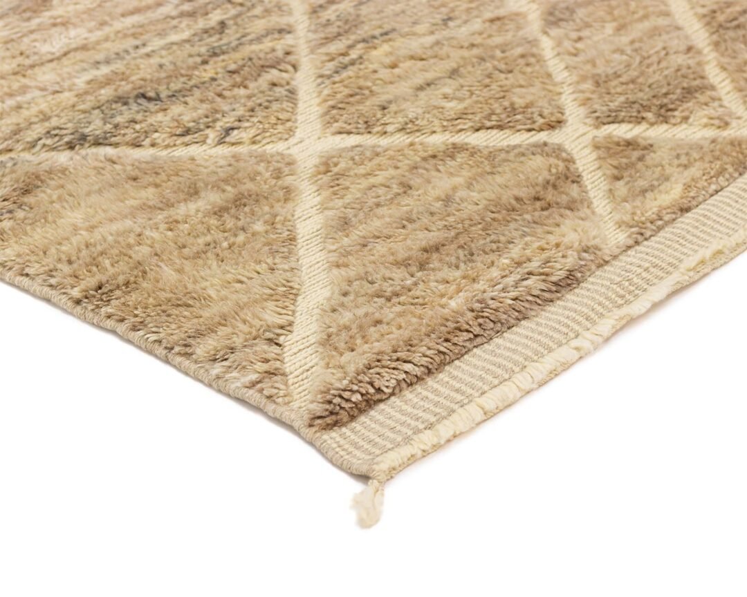 Close-up of a textured beige rug featuring intricate diamond patterns and fringed edges, set against a pristine white backdrop.