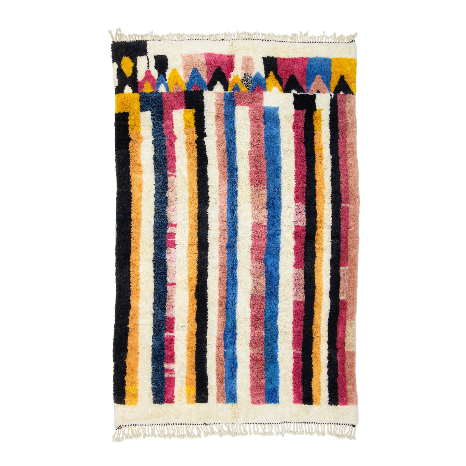 Colorful Moroccan rug featuring vertical stripes in a spectrum of colors including blue, yellow, pink, and black, topped with a playful geometric border.