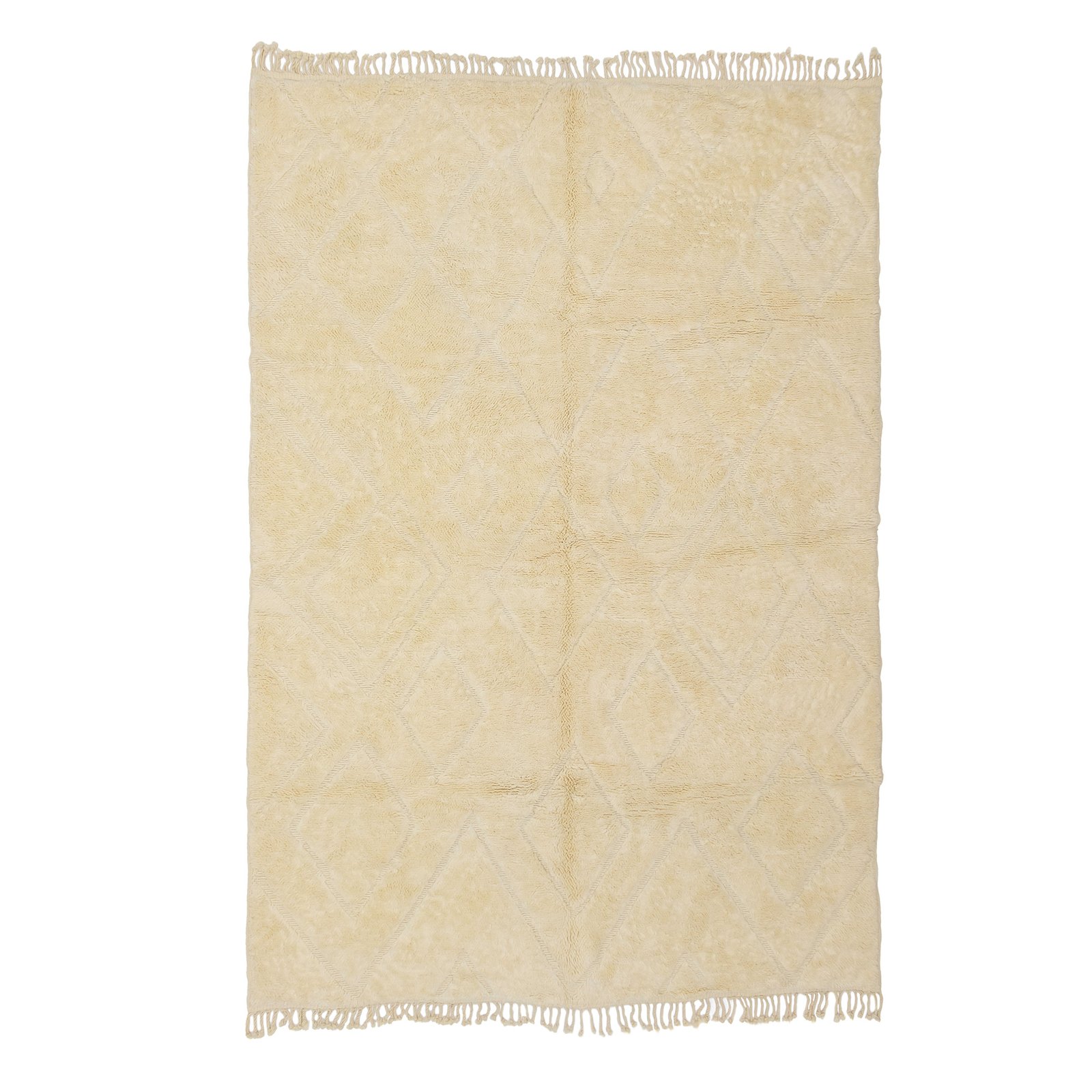 This beige rug features a subtle diamond pattern and elegant fringed edges, perfect for adding warmth and style to your living space.