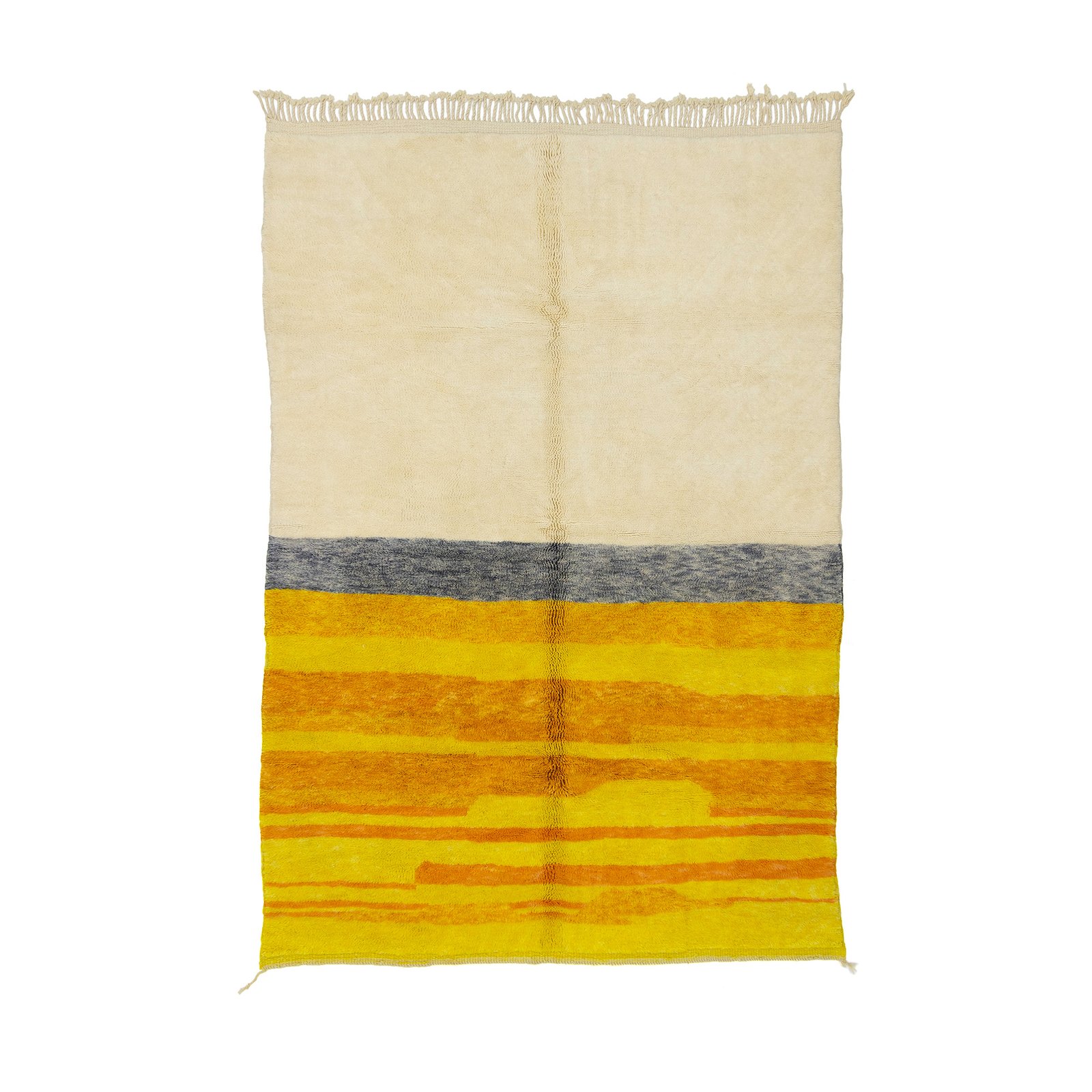 Horizontal-striped Moroccan rug with broad bands of cream, deep blue, and vivid yellow, creating a bold, sunlit effect.