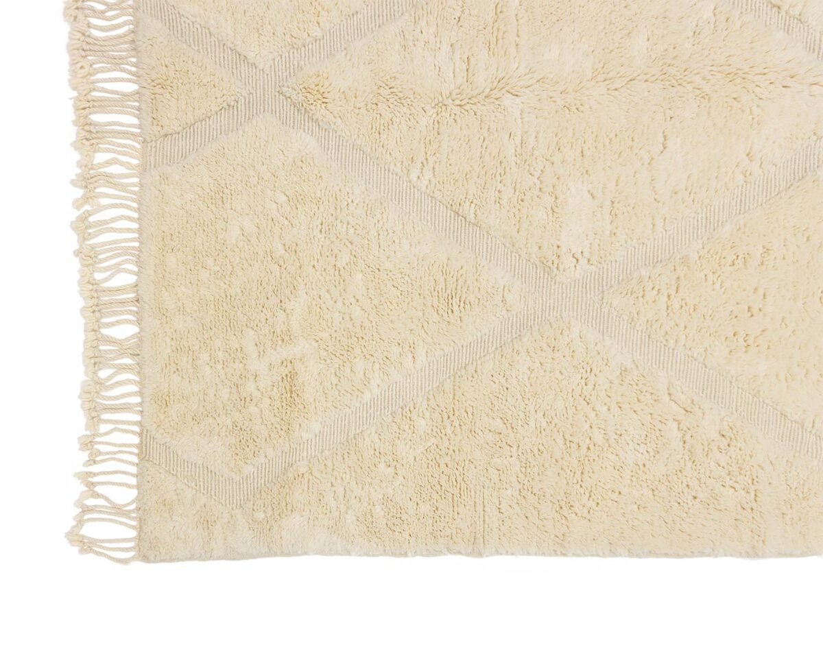 Close-up of a beige rug corner showcasing fringed edges and a delicate diamond pattern, adding an elegant touch to your home decor.