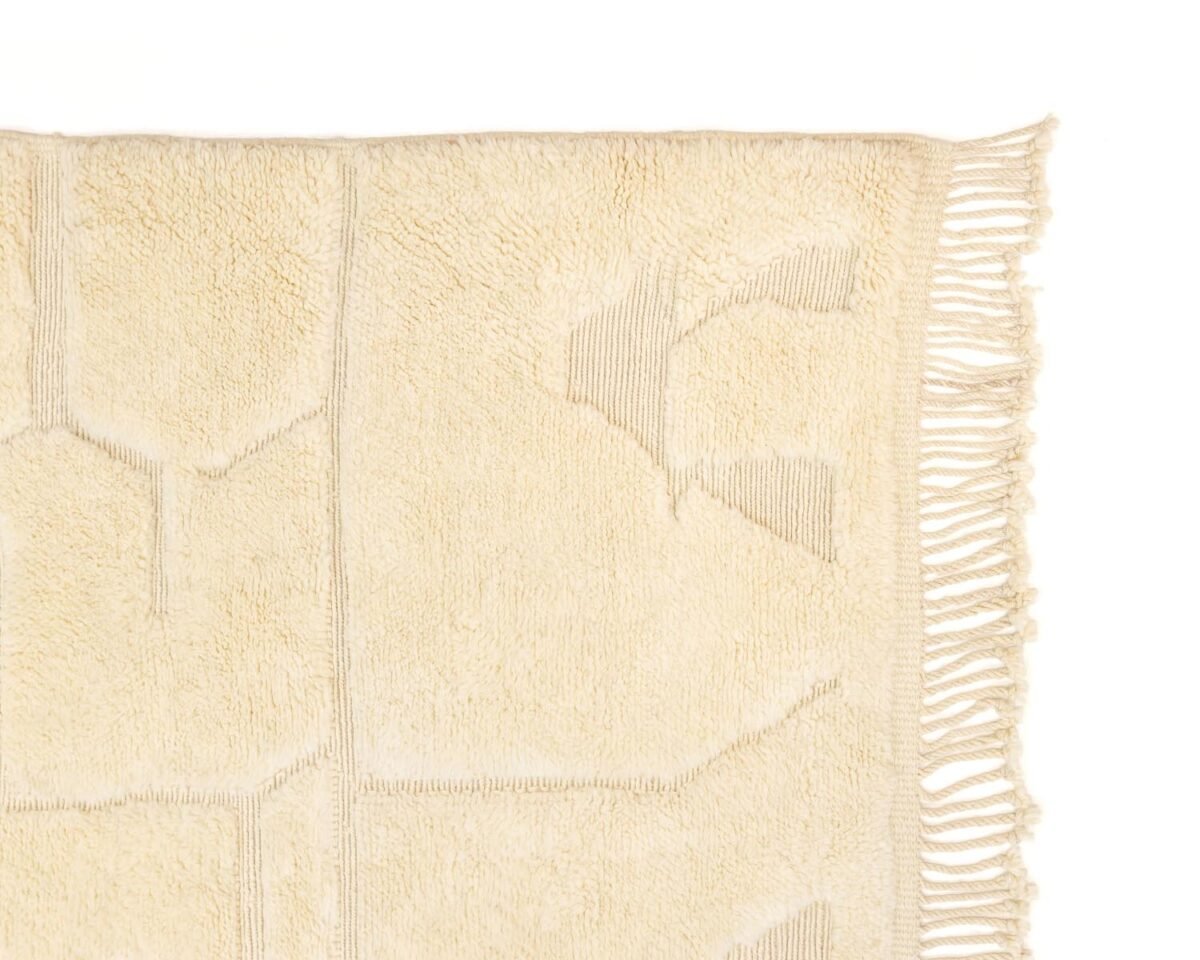 This close-up captures the intricate details of a beige textured rug corner, enhanced by fringe on one side. The subtly visible geometric patterns add an elegant touch to the fabric.