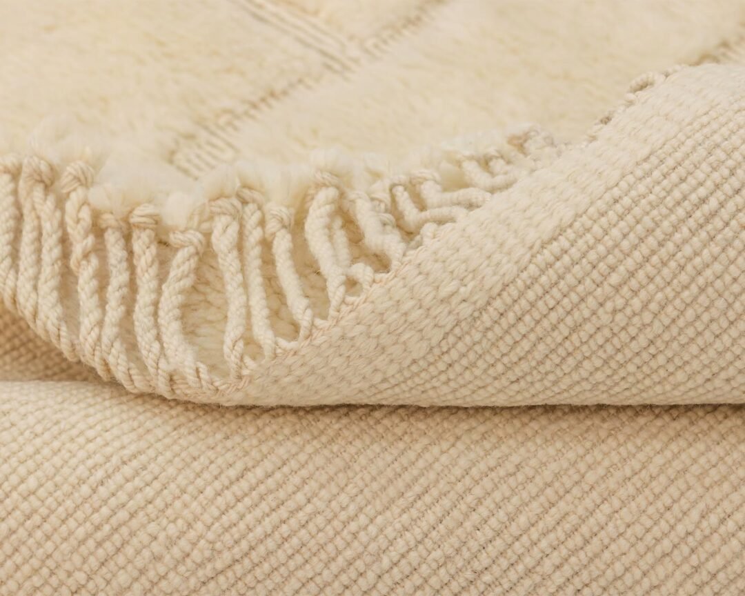 Close-up of a beige woven textile with tassels, highlighting the textured fabric details.