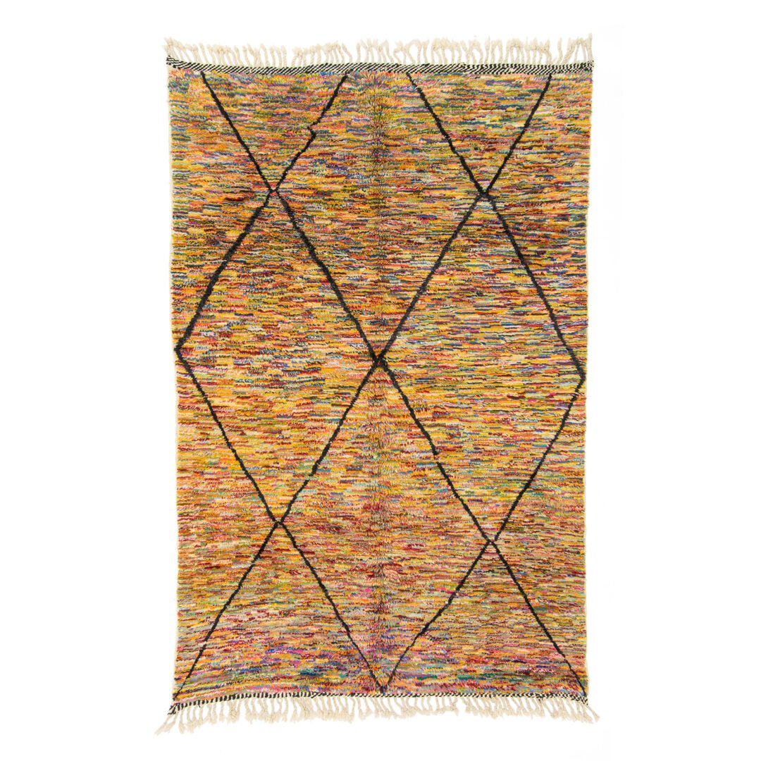 Vibrantly colored Moroccan rug with a dense mosaic pattern of multicolored threads interspersed with bold black diamond shapes, creating a lively and textured visual effect.