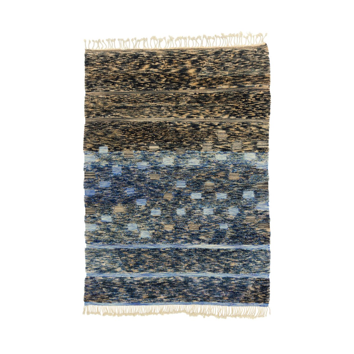 Textured Moroccan rug displaying a rich pattern of blue and earth tones, creating a mosaic-like appearance with a dynamic visual effect.