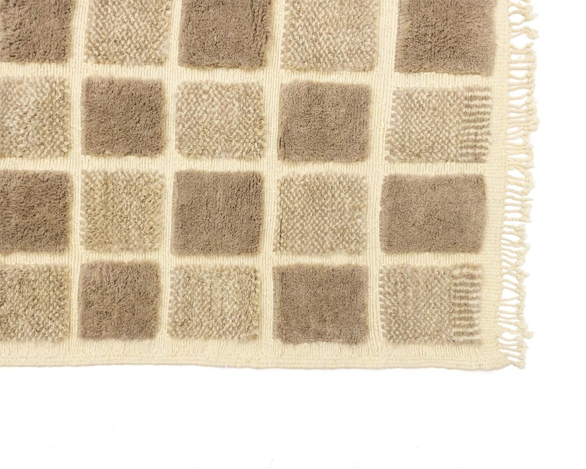 A beige and brown square-patterned textured rug, featuring fringed edges, is artfully displayed on a crisp white background. This elegant design adds a touch of sophistication to any room setting.