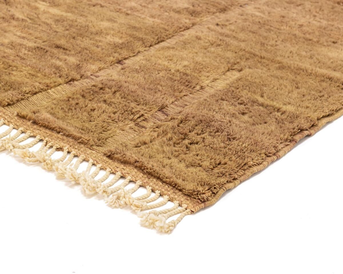 A close-up of a textured brown rug showcases its shaggy surface and fringe on one edge, artfully placed against a crisp white background. Subtle and inviting, this piece adds warmth and style to any room décor.