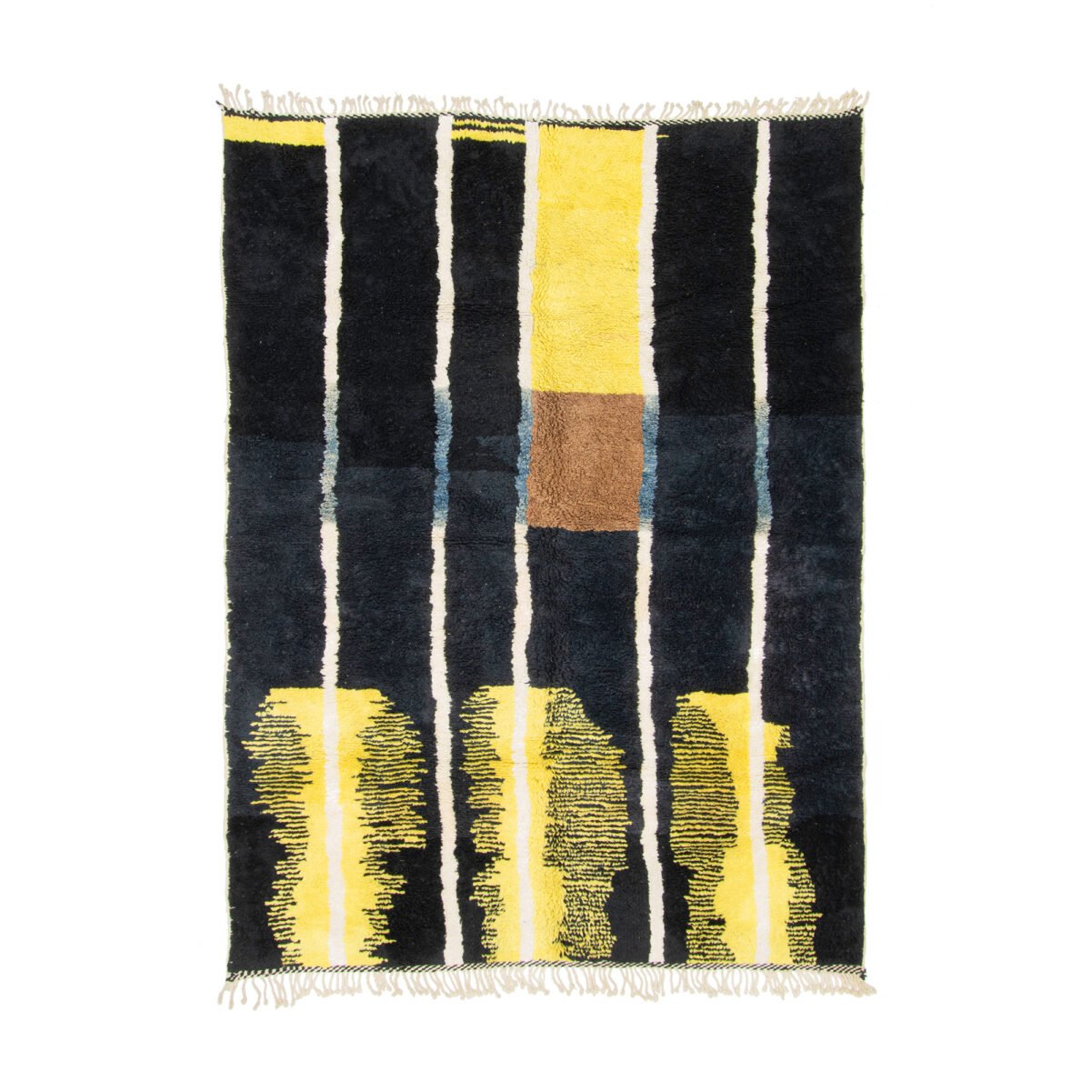 Moroccan rug with striking contrast of black and bright yellow rectangular sections, interspersed with touches of blue and detailed textures.