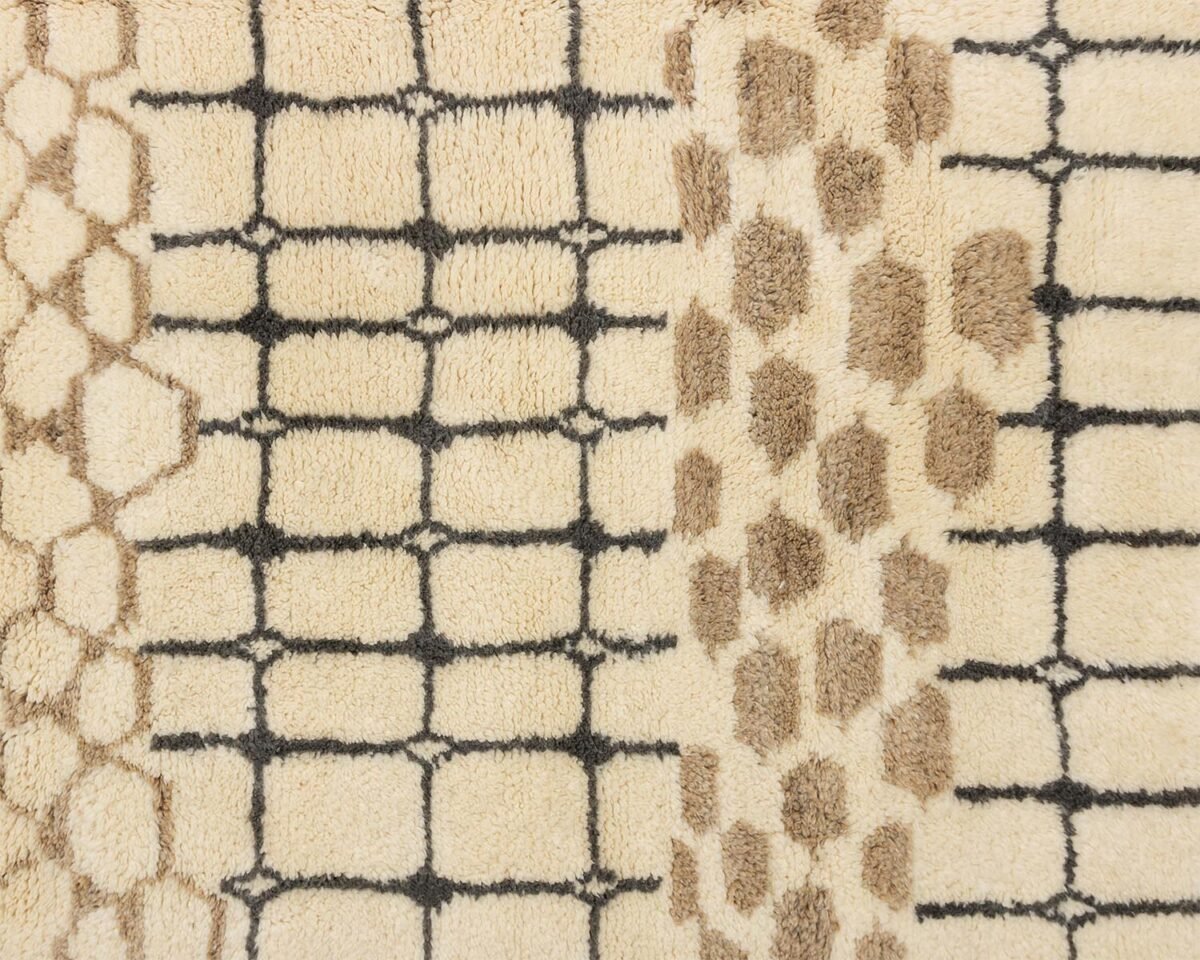 Close-up of a beige carpet showcasing two distinct patterns: elegant hexagonal shapes on the left in rich dark brown and black, contrasting with a harmonious blend of similar brown hexagons on the right.