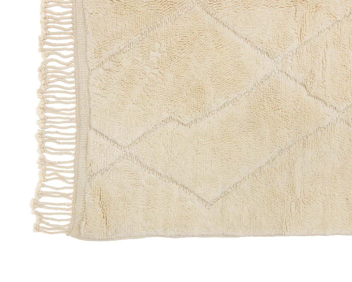 A close-up of a beige textured rug showcases its intricate diamond pattern and fringed edge on the left, creating an inviting warmth.