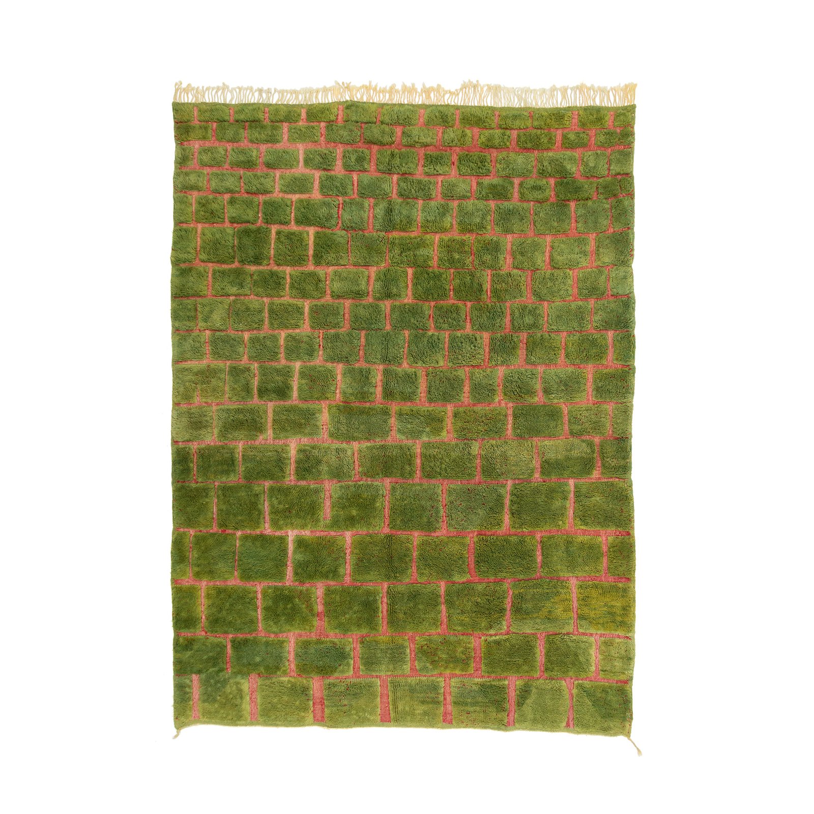 Green Moroccan rug with a textured brick pattern in contrasting red.