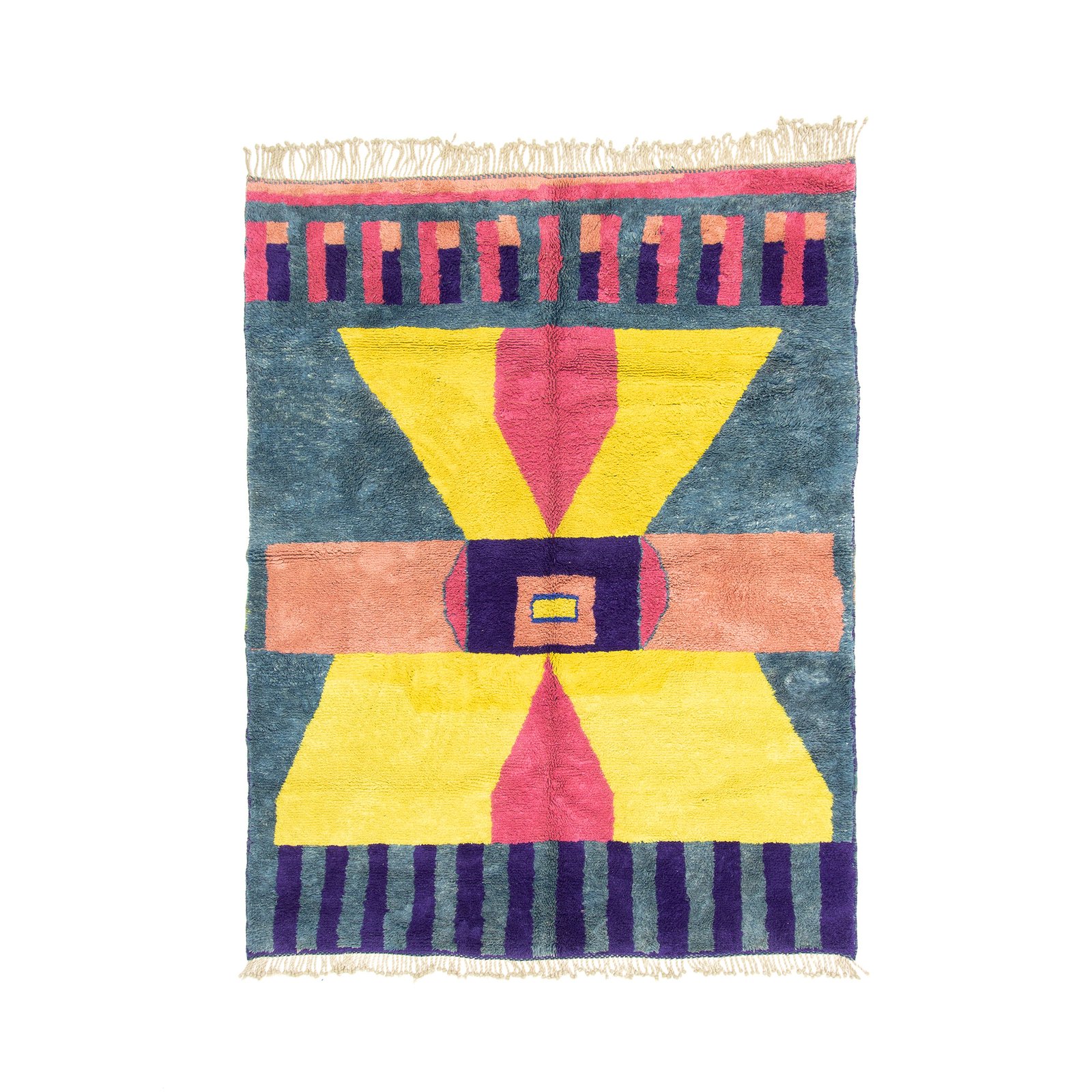 Striking Moroccan rug with a geometric central motif in vibrant yellow and pink, framed by deep blue and purple accents and a decorative border.