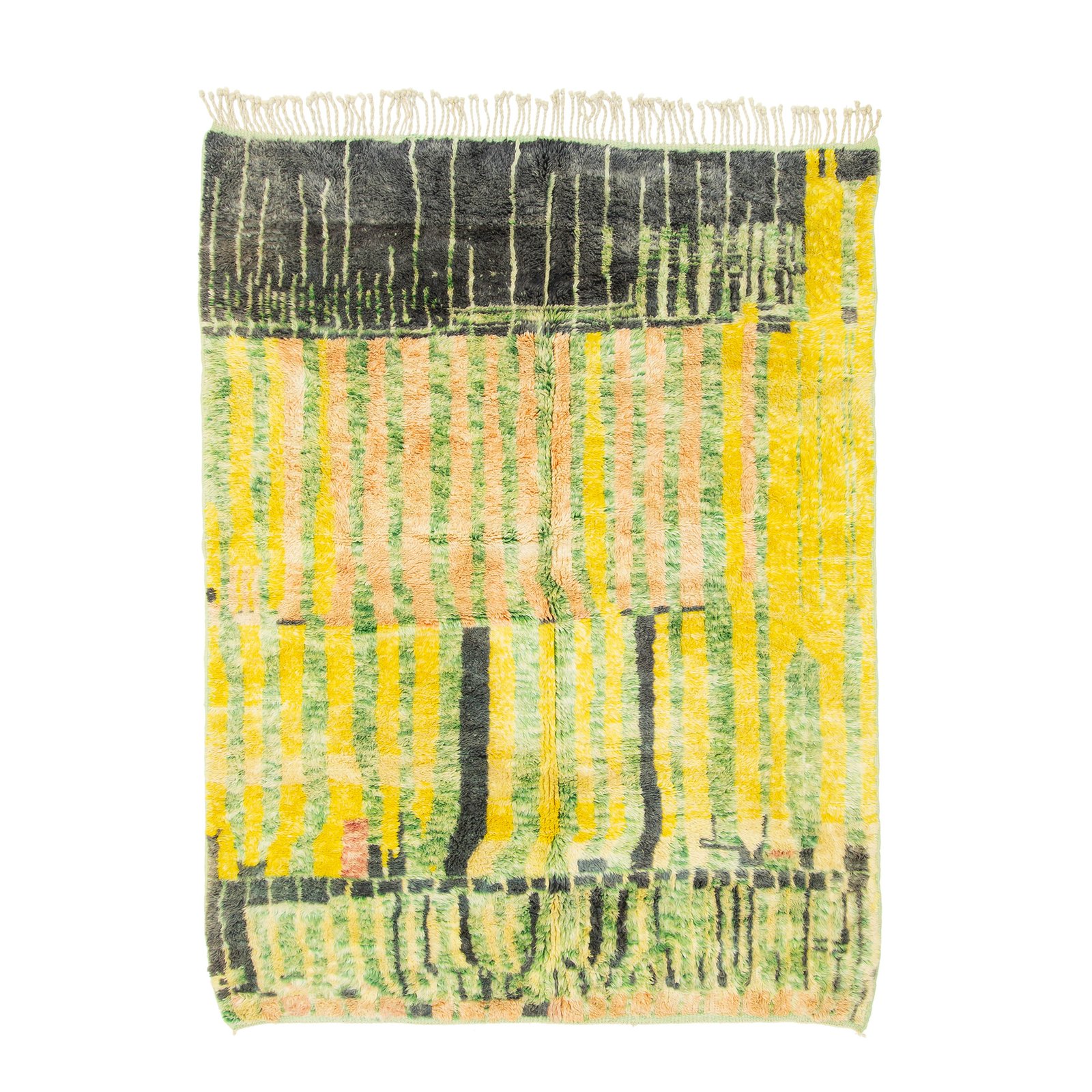 Moroccan rug with vertical stripes in vivid yellow and green, interspersed with abstract black patterns that add depth and movement to the design.