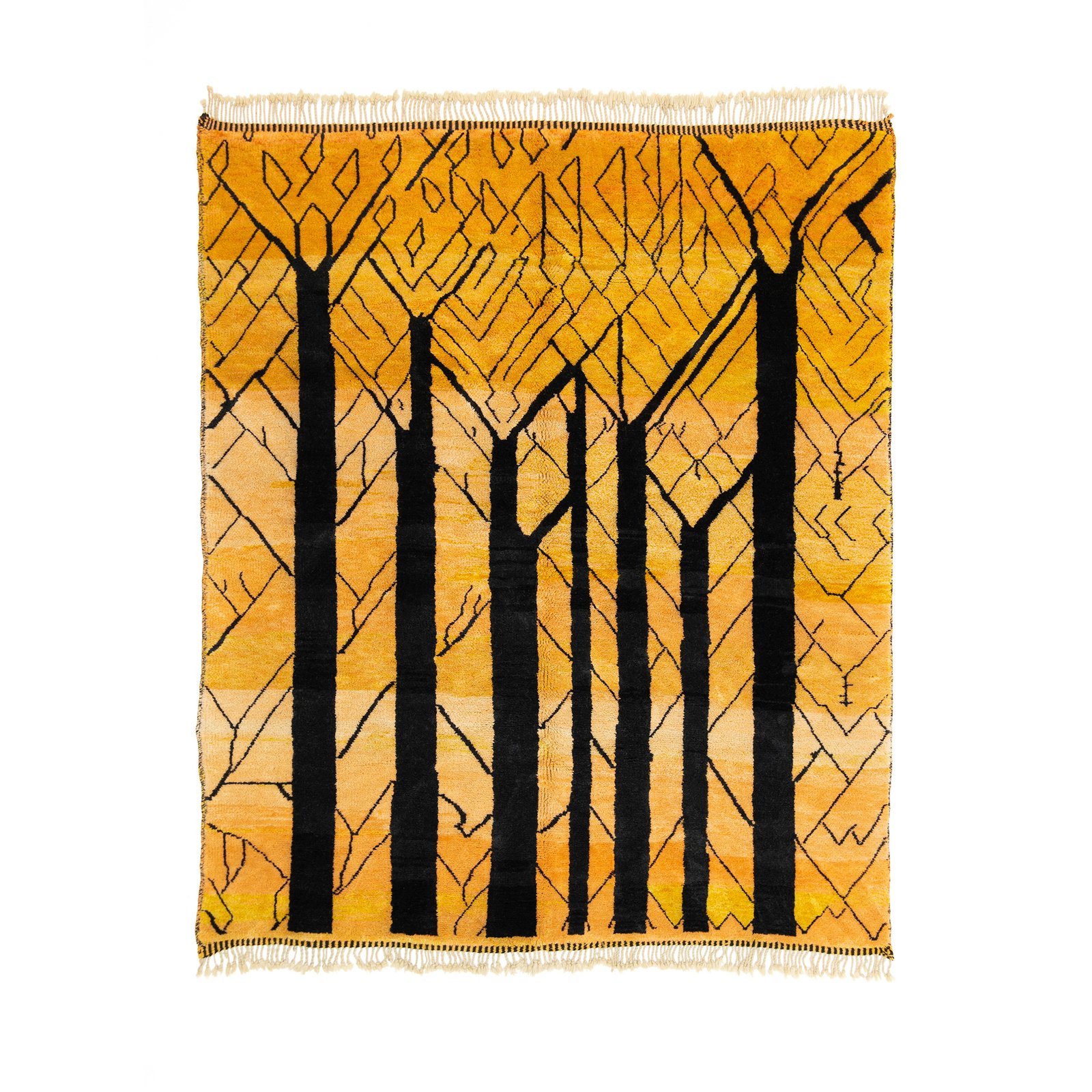 Moroccan rug depicting tall black trees with intricate branches on a vibrant yellow and cream background, creating a bold and captivating design.