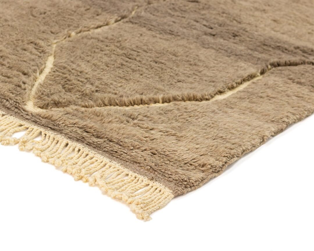 A beige shaggy rug with a raised pattern and fringed edge is displayed in close-up, showcasing its intricate details.