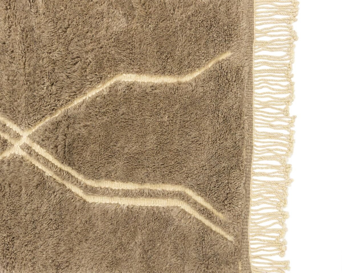 A close-up of a beige area rug features a striking zigzag pattern, complemented by fringe on the right edge.