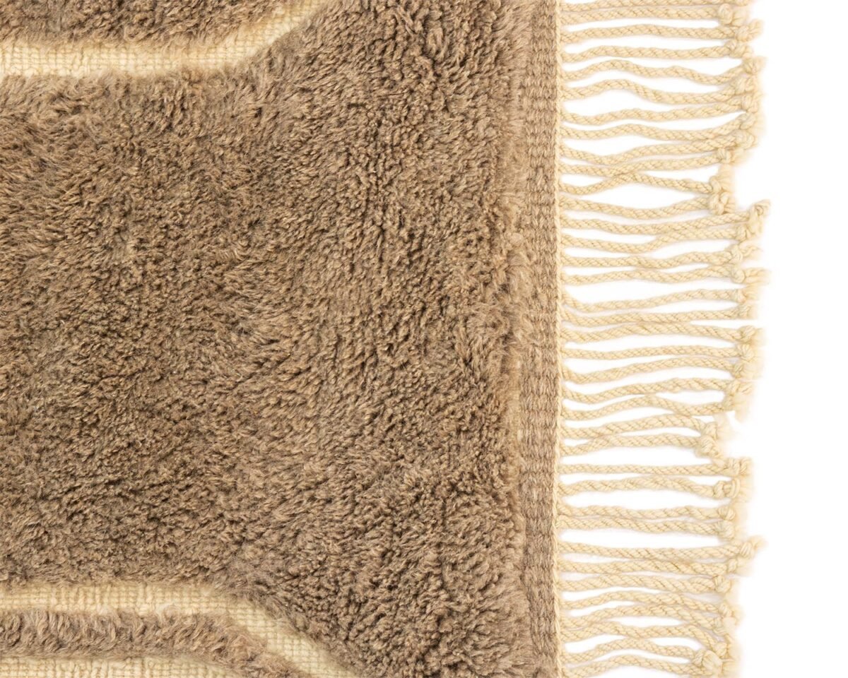 Close-up of a beige textured rug corner with fringed edges on a clear white background, adding an elegant touch to any room decor.