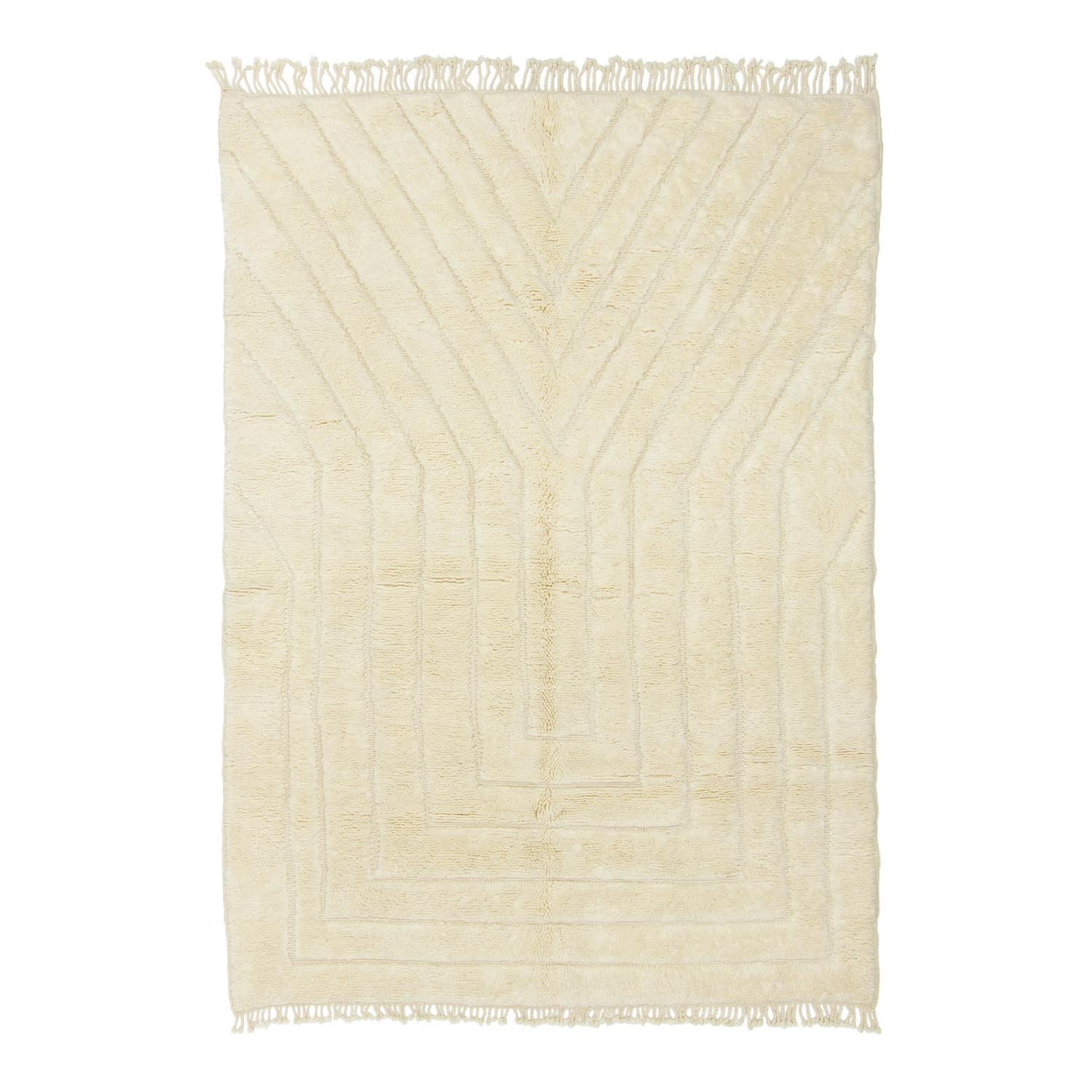 A cream-colored rug with a geometric, maze-like pattern, featuring fringe on the shorter edges. Ideal for adding texture and style to any living space.