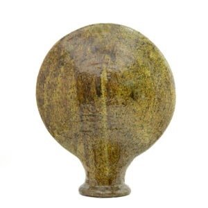 A round, greenish-brown ceramic object with a smooth surface, spherical body, and a small cylindrical base, standing upright against a white background.