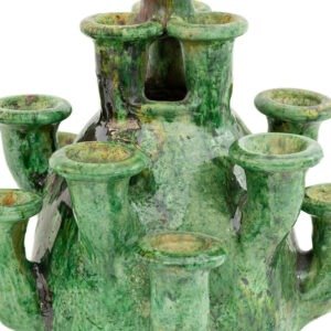 A green multi-spouted ceramic vase with a textured, glossy surface and an organic, branch-like design, reminiscent of Tamegroute pottery.