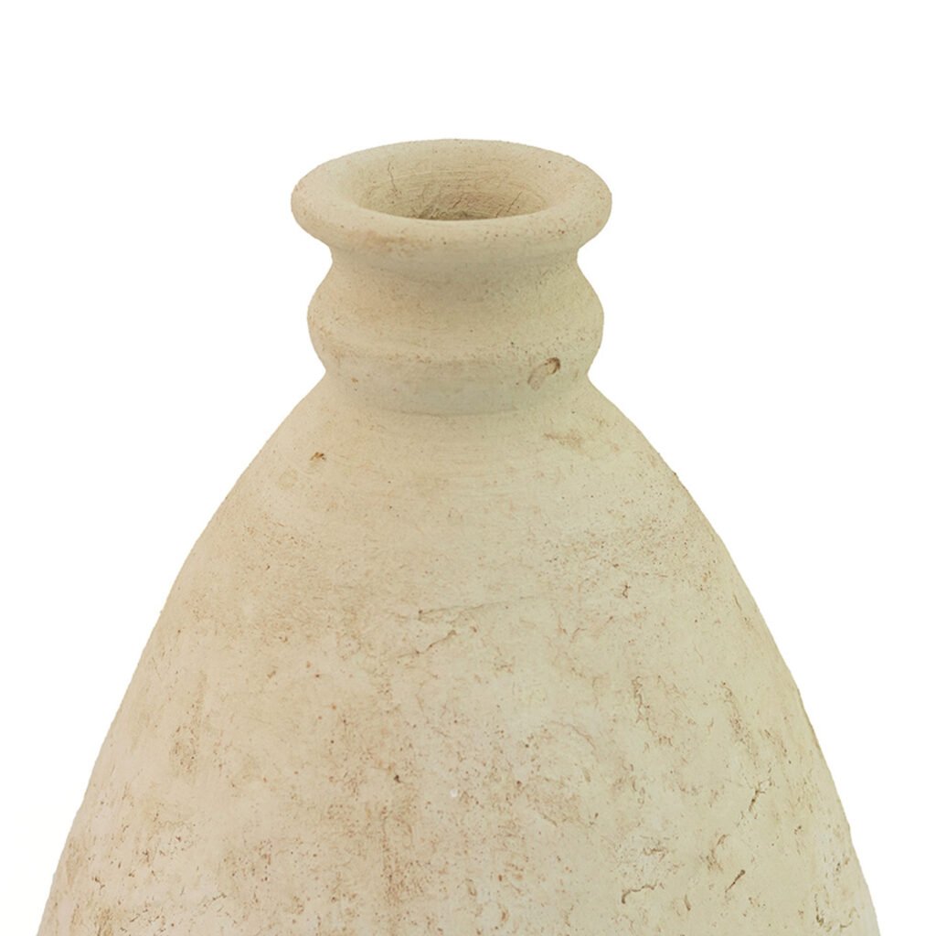 Close-up of the neck and upper body of a textured, light beige ceramic vase with a narrow opening, reminiscent of unglazed Tamegroute pottery.