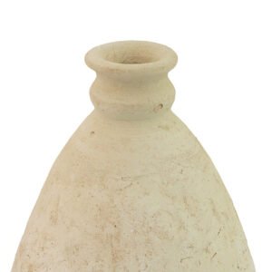 Close-up of the neck and upper body of a textured, light beige ceramic vase with a narrow opening, reminiscent of unglazed Tamegroute pottery.