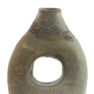 A rugged, oval-shaped ceramic vase inspired by Tamegroute pottery, features a textured surface with a circular hole in the center and a narrow opening at the top.