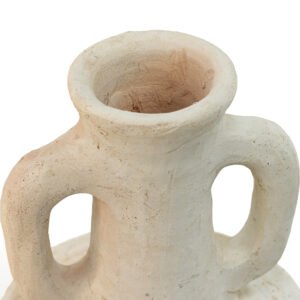 Close-up of a rustic, light brown ceramic jug with two handles, showcasing the textured charm typical of unglazed Tamegrout pottery. The surface remains intentionally unpolished, highlighting its artisanal appeal.