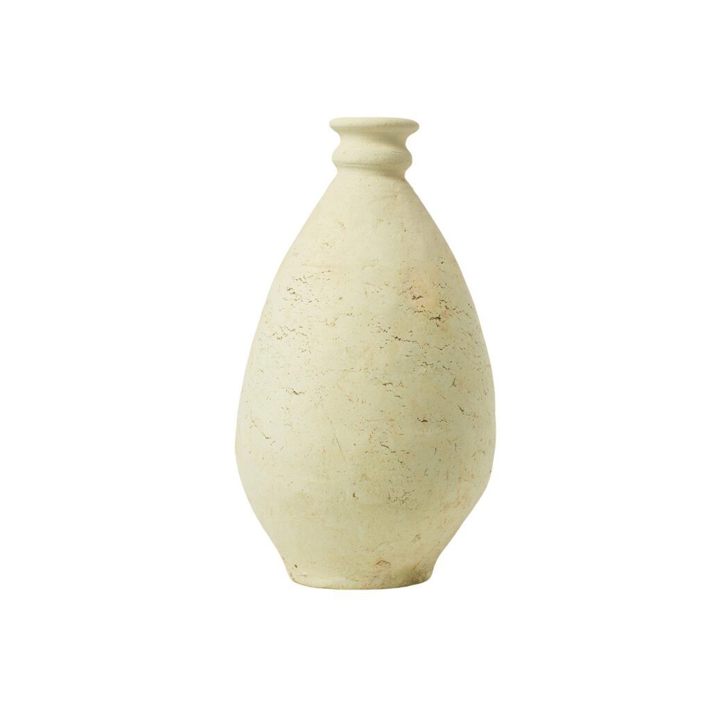 A tall, cream-colored ceramic vase reminiscent of unglazed Tamegroute pottery, featuring a wide body tapering to a narrow neck and lip, set against a white background.