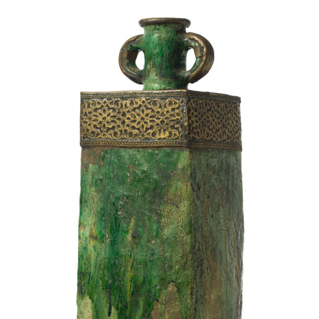 This green, square-shaped ceramic vase features a textured surface and ornate gold metal detailing near the top and handles, reminiscent of Tamegroute potterys distinct artistry.