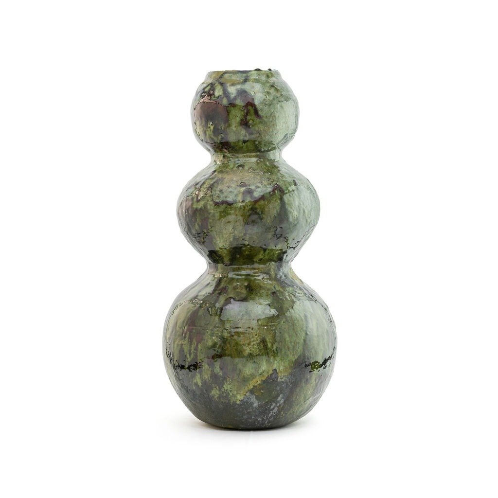 A green, triple-gourd-shaped vase with a glossy, marbled texture, reminiscent of Tamegroute pottery.
