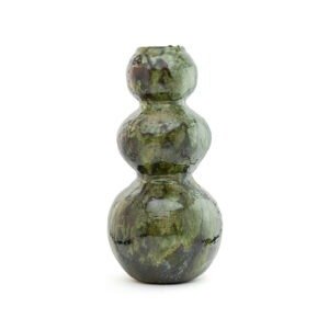 A green, triple-gourd-shaped vase with a glossy, marbled texture, reminiscent of Tamegroute pottery.