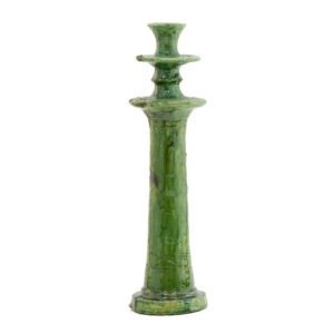 Green ceramic candlestick crafted in the style of Tamegroute pottery, featuring a textured surface and a tiered design that tapers elegantly toward the top, set against a plain white background.